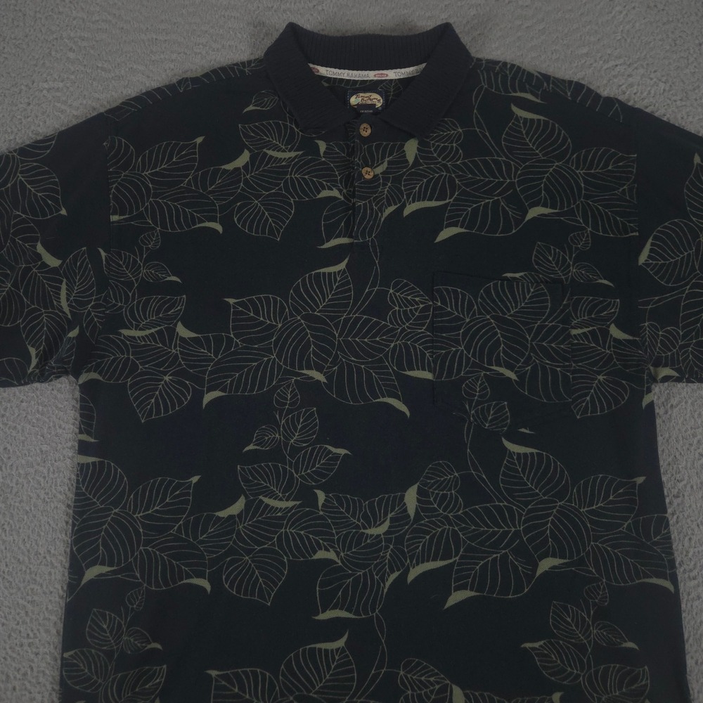 Tommy Bahama Polo Shirt Mens L Black Leaf Print 100% Cotton Pique Pocket Relax